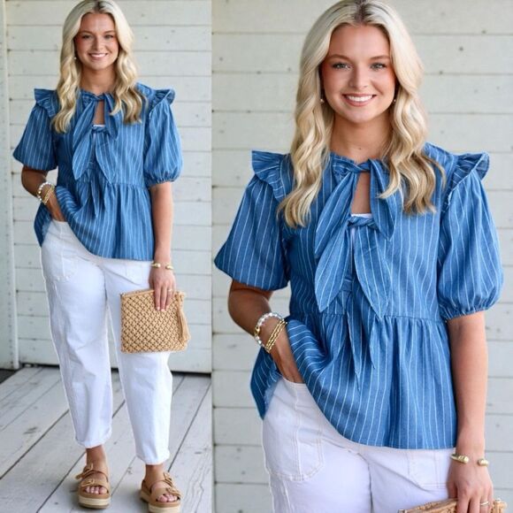 Anniewear Stripe Front Bow Denim Peplum Blouse Size Large NWT - Picture 2 of 10
